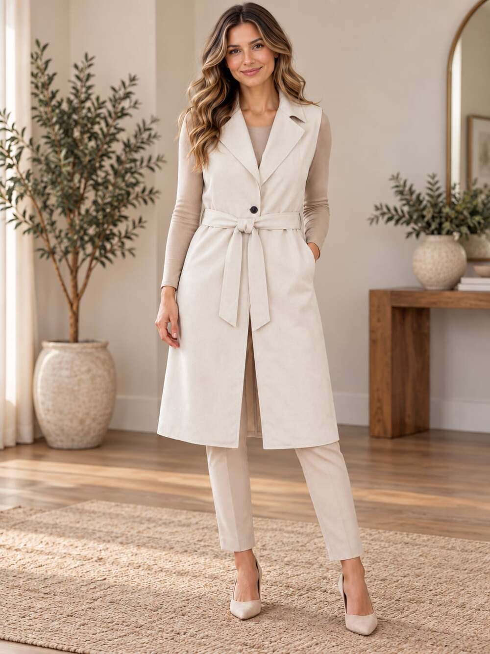 Love Tree Faux Suede Longline Belted Trench Vest Beige Notched Collar M